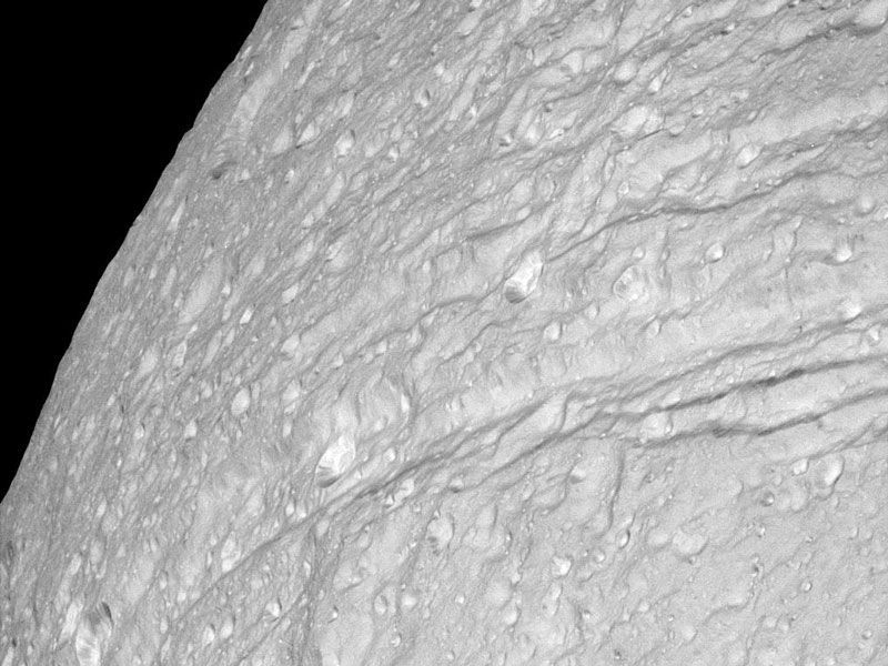 Cratered Cliffs of Ice on Saturn's Tethys