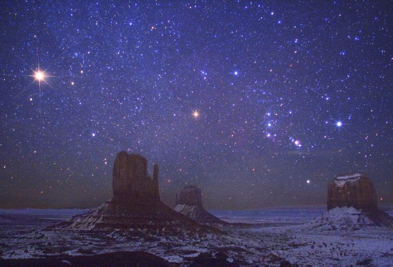 Mars and Orion Over Monument Valley