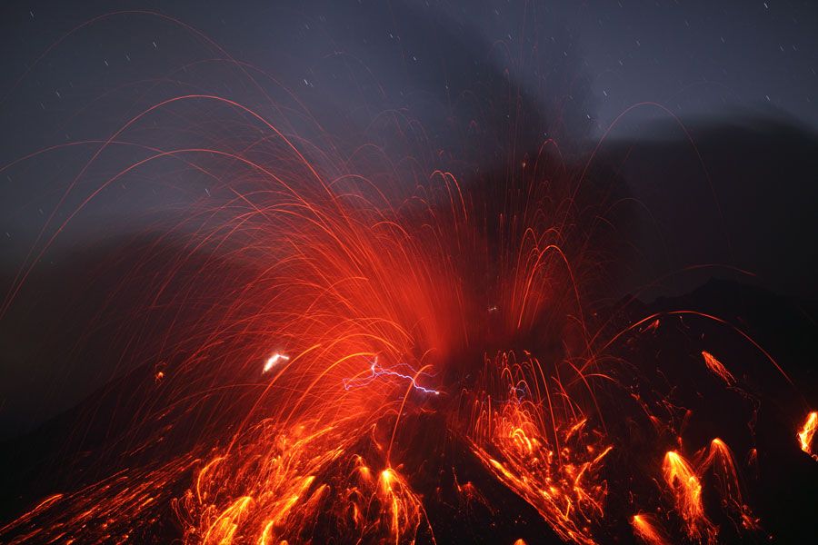 Sakurajima Volcano with Lightning