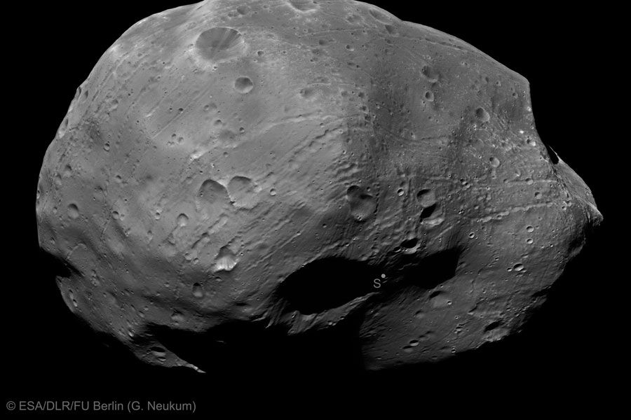 Phobos' South Pole from Mars Express