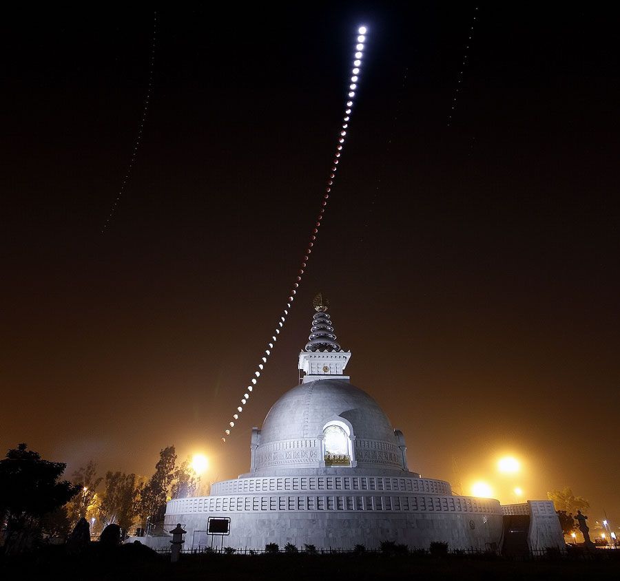 A Lunar Eclipse Over an Indian Peace Pagoda