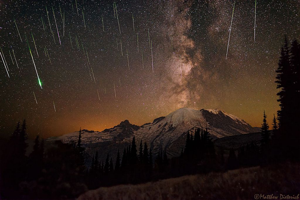 Meteors and Milky Way over Mount Rainier