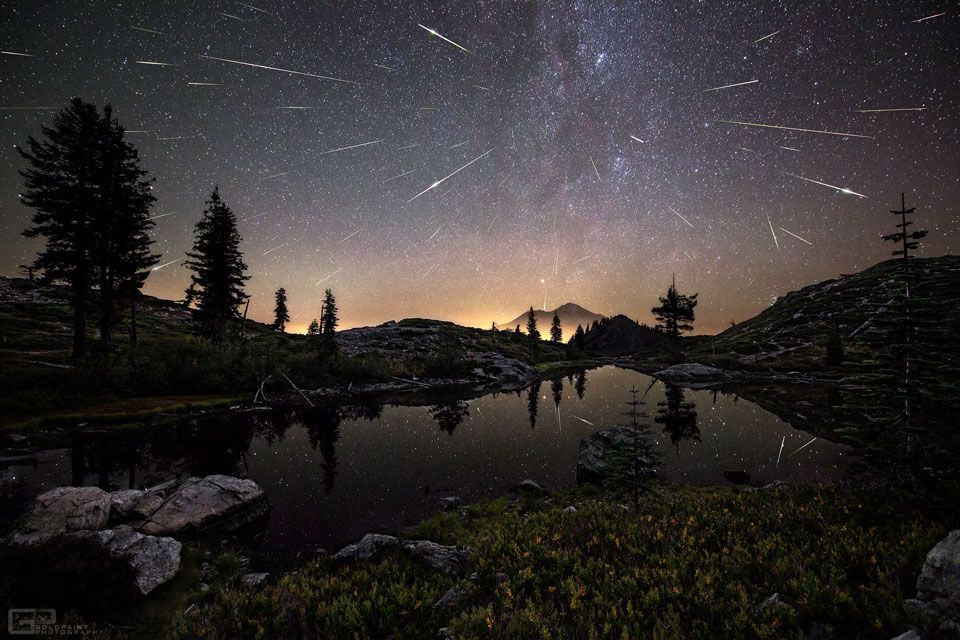 Perseid Meteors over Mount Shasta