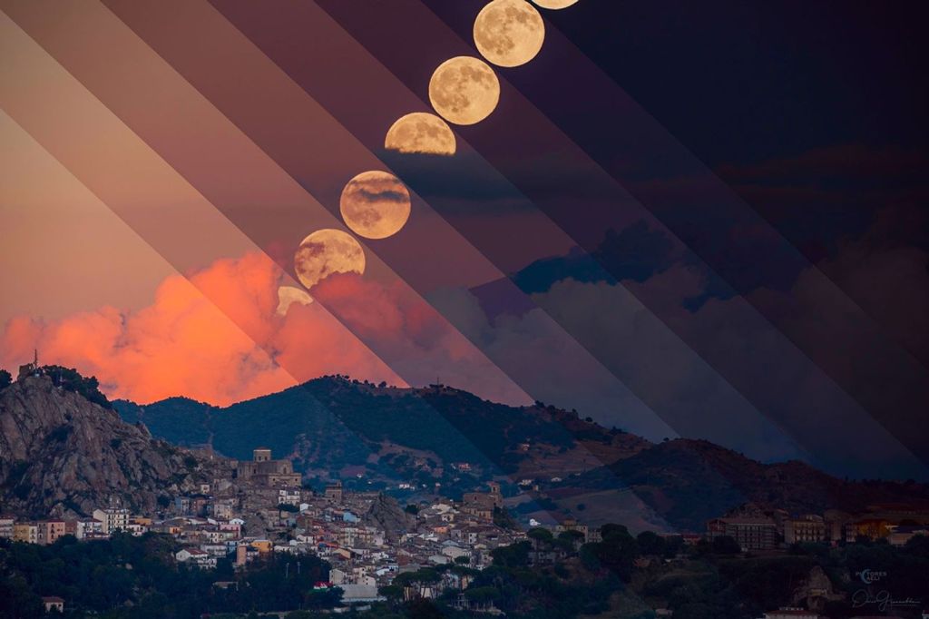Harvest Moon with Erupting Mount Etna